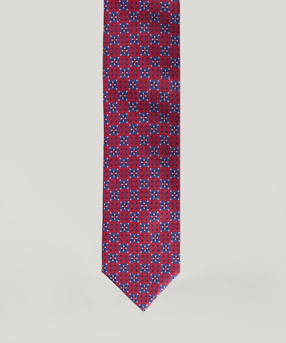 Red & Blue Floral Motif Woven Silk Tie - Senszio