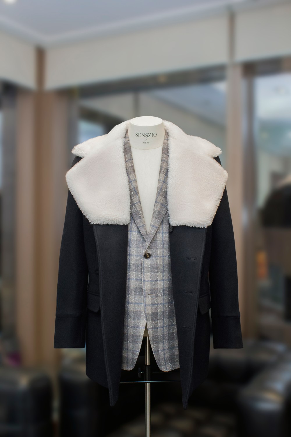 Open Peacoat with Shearling on Lapel