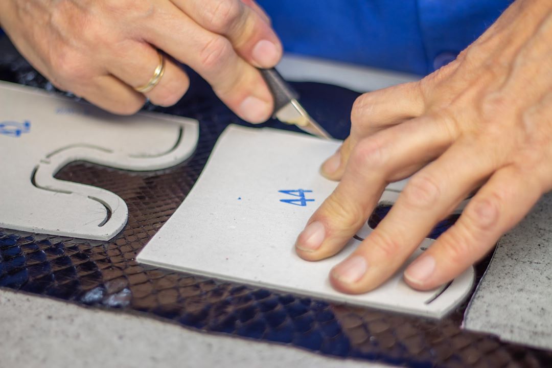 Cutting Exotic Skins to the measurement of our bespoke tailored shoes