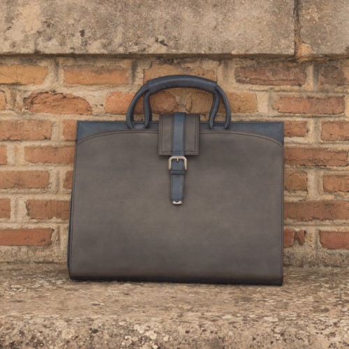 Luxuryleathergoods Briefcase Grey Painted Calf + Navy Painted Calf