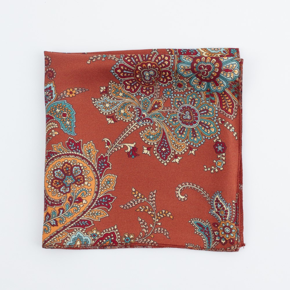 Orange w/ Peacock and Cream Paisley Silk Pocket Square - Senszio
