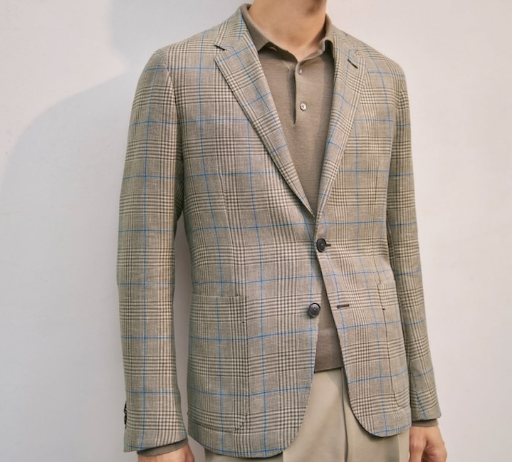 Prince of Wales Beige Wool Linen Silk smart jacket with statement buttons, custom made by Senszio travelling tailors